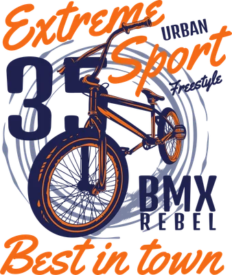 Hình minh họa xe đạp BMX màu cam và xanh đậm với chữ 'Extreme Sport BMX Rebel' trên nền xám, phong cách thể thao đường phố.