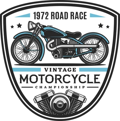 Huy hiệu xe mô tô cổ điển màu xanh đen với chữ '1972 ROAD RACE VINTAGE MOTORCYCLE CHAMPIONSHIP' và hình động cơ.