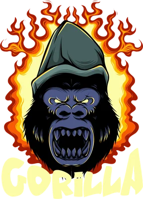 Hình vẽ đầu gorilla hoạt hình hung dữ đội mũ trùm, miệng há to lộ răng nanh, bao quanh bởi ngọn lửa rực cháy.