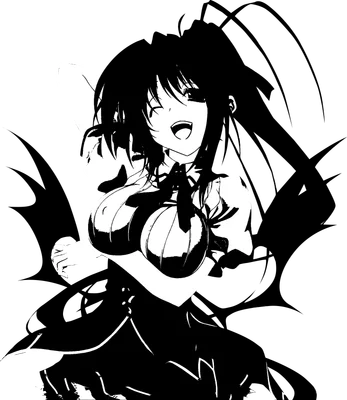 Hình ảnh cô gái anime tóc đen hai đuôi, mặc váy, cười tươi, có đôi cánh đen phía sau.