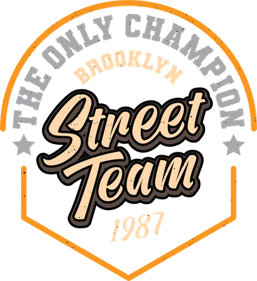Thiết kế typography phong cách retro với dòng chữ 'THE ONLY CHAMPION BROOKLYN Street Team 1987' trên nền xám, viền cam.