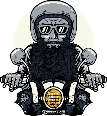 Hình minh họa biker nam râu dài đội mũ bảo hiểm và đeo kính râm lái xe mô tô phong cách retro