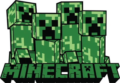 Nhiều nhân vật Creeper màu xanh lá cây từ game Minecraft đứng trên logo Minecraft.