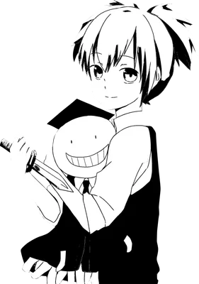 Hình vẽ anime đen trắng một cậu bé tóc trắng cầm dao, bên cạnh là sinh vật mặt cười.