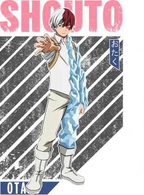 Hình vẽ Shoto Todoroki từ My Hero Academia với một tay băng giá, tay kia vươn ra, nền xám sọc chéo.