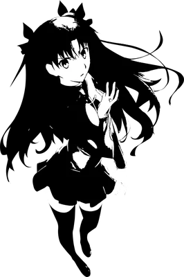 Hình ảnh cô gái anime tóc dài đen, mặc váy ngắn, tất cao, phong cách silhouette đen trắng.