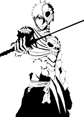 Hình vẽ anime nhân vật Ichigo trong trạng thái Hollow hóa, một nửa khuôn mặt là sọ, cơ thể lộ xương, cầm kiếm.