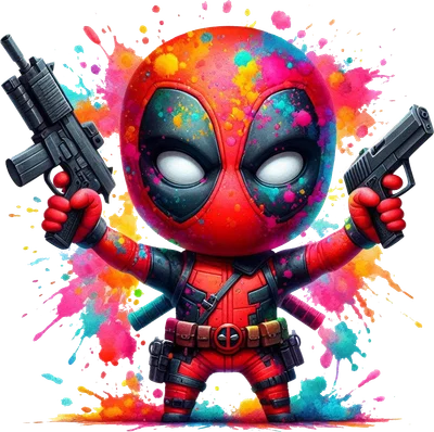 Hình ảnh Deadpool phiên bản chibi cầm hai khẩu súng, toàn thân và nền có hiệu ứng bắn sơn màu sắc rực rỡ.