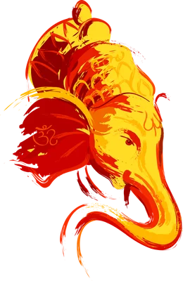 Hình ảnh thần Ganesha với nét vẽ thư pháp màu vàng đỏ trên nền xám.