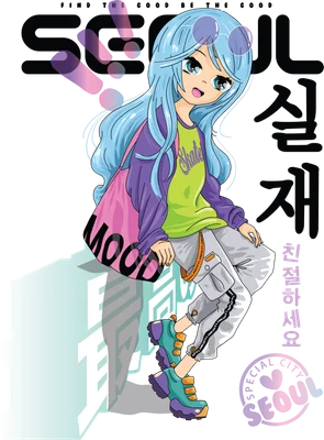 Hình ảnh cô gái anime tóc xanh, đeo kính tròn, mặc áo croptop xanh lá, quần jogger xám, giày sneaker hầm hố, cầm túi xách hồng chữ "MOOD"