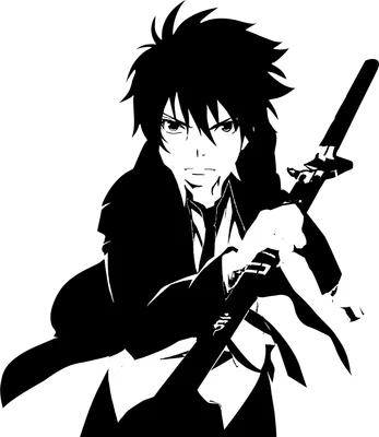 Hình ảnh chàng trai anime cầm kiếm, phong cách vẽ tối giản đen trắng trên nền xám.