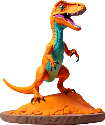 Hình ảnh khủng long Raptor hoạt hình 3D màu cam và xanh ngọc, đứng trên bệ đất, miệng há to, móng vuốt sắc nhọn.