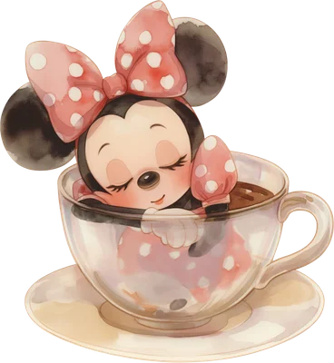 Hình ảnh Minnie Mouse chibi đang ngủ say trong tách trà, vẽ theo phong cách màu nước nhẹ nhàng, đáng yêu.