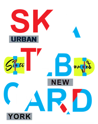 Thiết kế đồ họa chữ SKATEBOARD lớn màu đỏ, trắng, xanh dương và hình ván trượt màu vàng trên nền xám, kèm chữ URBAN, NEW YORK.