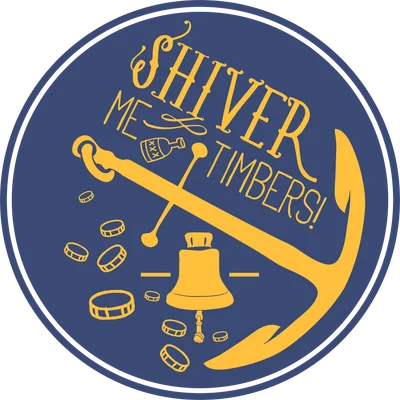 Hình tròn với nền xanh đậm, biểu tượng mỏ neo vàng, chuông vàng và chữ "Shiver Me Timbers!" theo phong cách hải tặc.