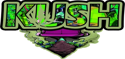 Logo "KUSH" với chữ cái được trang trí bằng hình ảnh graffiti, có khói và biểu tượng bandana.
