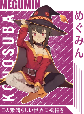 Hình ảnh Megumin từ anime Konosuba, phong cách chibi, mặc trang phục pháp sư đỏ đen, đội mũ phù thủy, ngồi tạo dáng dễ thương.