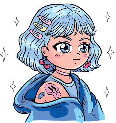 Hình vẽ cô gái anime tóc xanh nhạt, đeo kẹp tóc màu hồng và vàng, khuyên tai hình quả cherry, có hình xăm kẹo tan chảy trên vai.
