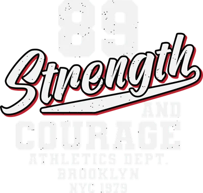 Hình in typography vintage với số 89, chữ Strength và Courage, Athletics Dept. Brooklyn NYC 1979 trên nền xám.