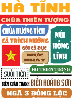 Hình ảnh typography tổng hợp các địa danh, đặc sản nổi tiếng của Hà Tĩnh như Chùa Hương Tích, Núi Hồng Lĩnh, Mực nhảy, kèm cờ Việt Nam.