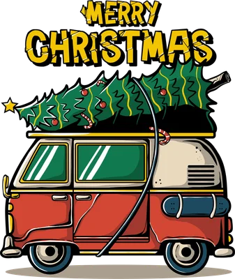 Hình vẽ xe van cổ điển màu đỏ chở cây thông Noel phong cách hoạt hình cho in ấn