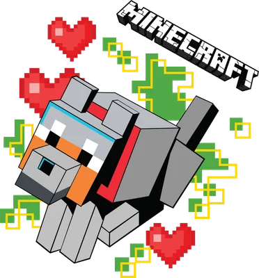 Hình ảnh chú chó Minecraft với phong cách pixel art, xung quanh có các trái tim đỏ và các khối vuông màu xanh lá cây, vàng.