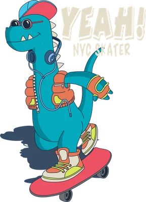 Hình vẽ khủng long xanh đeo tai nghe trượt ván phong cách hoạt hình NYC Skater