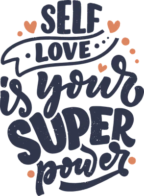 Thiết kế chữ 'Self Love Is Your Super Power' màu xanh đậm và cam trên nền xám, phong cách typography vintage.