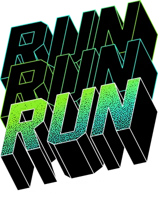 Hình in chữ 'RUN' lặp lại theo chiều sâu, hiệu ứng 3D nổi bật với màu neon xanh lá và xanh dương, có dòng chữ 'INCREASE YOUR SPEED'.