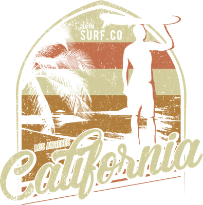 Hình ảnh minh họa phong cách retro về người lướt sóng cầm ván trên bãi biển California với cây cọ và sọc màu cam, vàng, xám.