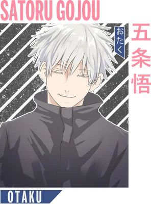 Hình vẽ Satoru Gojo, nhân vật anime tóc trắng, mặc áo khoác đen, có chữ tiếng Nhật và tiếng Anh.