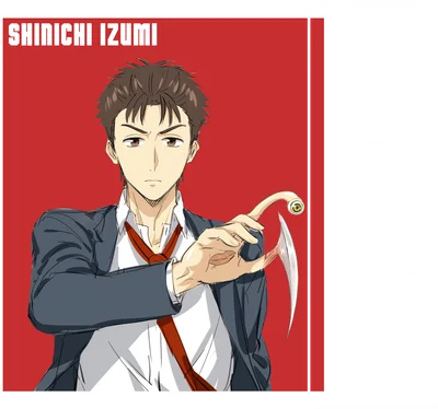 Hình vẽ nhân vật Shinichi Izumi trong bộ vest, tay phải có ký sinh trùng với mắt và lưỡi dao.