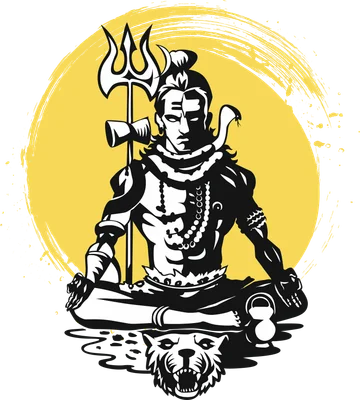 Hình ảnh minh họa Thần Shiva trong tư thế thiền định, tay cầm đinh ba, với rắn quấn quanh cổ và hổ phục dưới chân.
