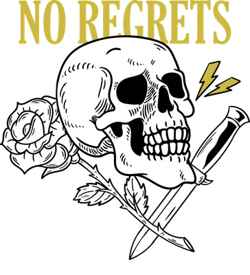Hình minh họa đầu lâu trắng đen phong cách tattoo, có hoa hồng, dao găm, sấm sét và chữ 'NO REGRETS NO TEARS' trên nền xám.