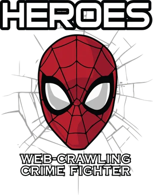 Hình ảnh mặt nạ Người Nhện màu đỏ với mạng nhện, phía trên có chữ HEROES, phía dưới có chữ WEB-CRAWLING CRIME FIGHTER.