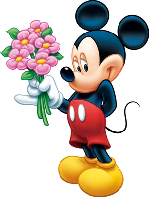 Hình ảnh chuột Mickey hoạt hình dễ thương mặc quần đỏ, giày vàng, cầm bó hoa hồng phấn.