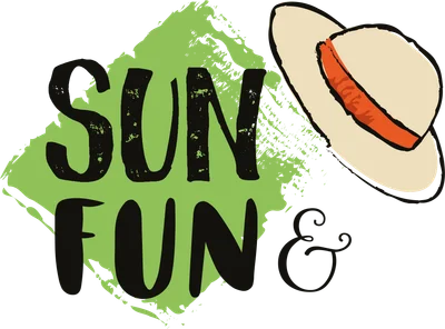 Hình ảnh minh họa chữ "Sun Fun" và một chiếc nón đi biển màu kem với dây ruy băng màu cam.