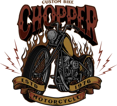 Hình minh họa xe mô tô Chopper cổ điển với ngọn lửa và chữ nghệ thuật