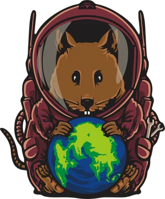 Hình minh họa chú chuột hamster mặc bộ đồ phi hành gia đang ôm quả địa cầu, phong cách hoạt hình vector