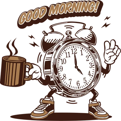 Hình ảnh hoạt hình đồng hồ báo thức đang cầm ly cà phê nóng, tay kia giơ dấu hiệu hòa bình, có chữ 'GOOD MORNING!'