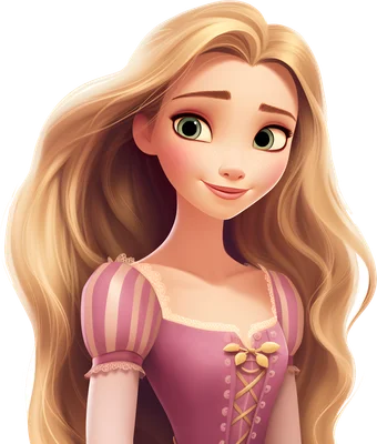 Hình ảnh công chúa Rapunzel của Disney với mái tóc vàng dài, đôi mắt xanh lá và nụ cười dịu dàng, mặc váy hồng.