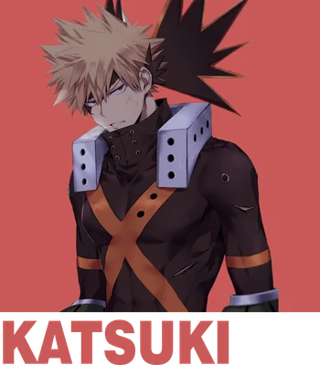 Hình vẽ nhân vật Katsuki Bakugo trong trang phục anh hùng, tóc vàng nhọn, biểu cảm nghiêm nghị.