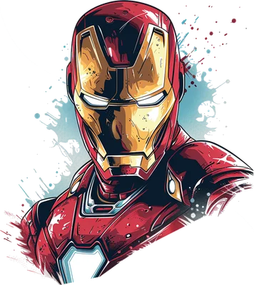 Hình ảnh Iron Man với bộ giáp đỏ vàng, phong cách comic art, có hiệu ứng màu nước xanh phía sau.