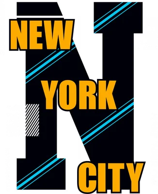 Hình in chữ New York City màu cam nổi bật trên nền chữ N lớn màu đen, xám với các đường kẻ xanh và họa tiết hình học.