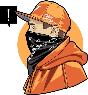 Hình minh họa chàng trai đội mũ lưỡi trai cam, đeo khăn bandana đen che mặt, áo khoác cam, phong cách đường phố.