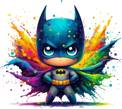 Hình ảnh chibi Batman với trang phục xanh xám, logo dơi vàng, và áo choàng màu sắc cầu vồng bắn tung tóe trên nền xám.