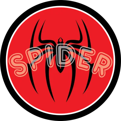 Biểu tượng Người Nhện màu đen trên nền đỏ tròn, có chữ SPIDER mờ.
