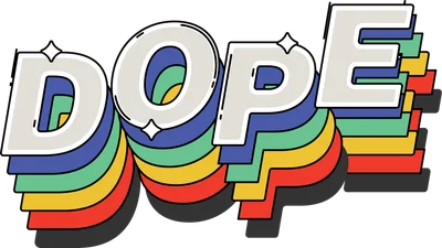 Chữ DOPE với hiệu ứng 3D retro, các lớp màu sắc xếp chồng lên nhau: trắng, xanh dương, xanh lá, vàng, đỏ.
