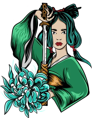 Hình minh họa nữ chiến binh Samurai Nhật Bản cầm kiếm và hoa cúc phong cách anime