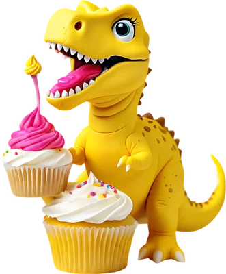 Hình ảnh khủng long hoạt hình màu vàng tươi vui vẻ ôm hai chiếc bánh cupcake có kem hồng và rắc cốm.